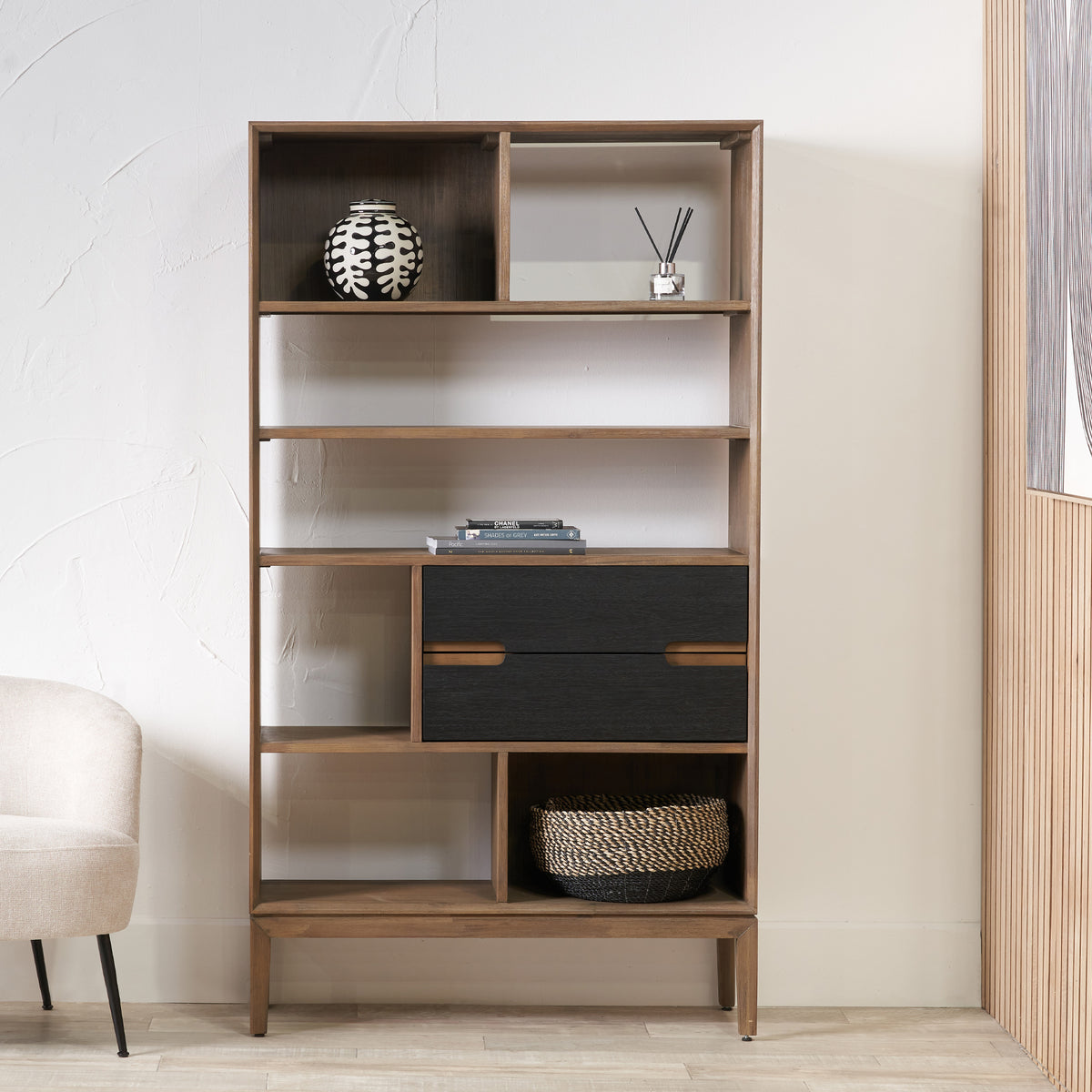 Gio Acacia Wood 2 Drawer 7 Niche Shelf Unit from Roseland Furniture