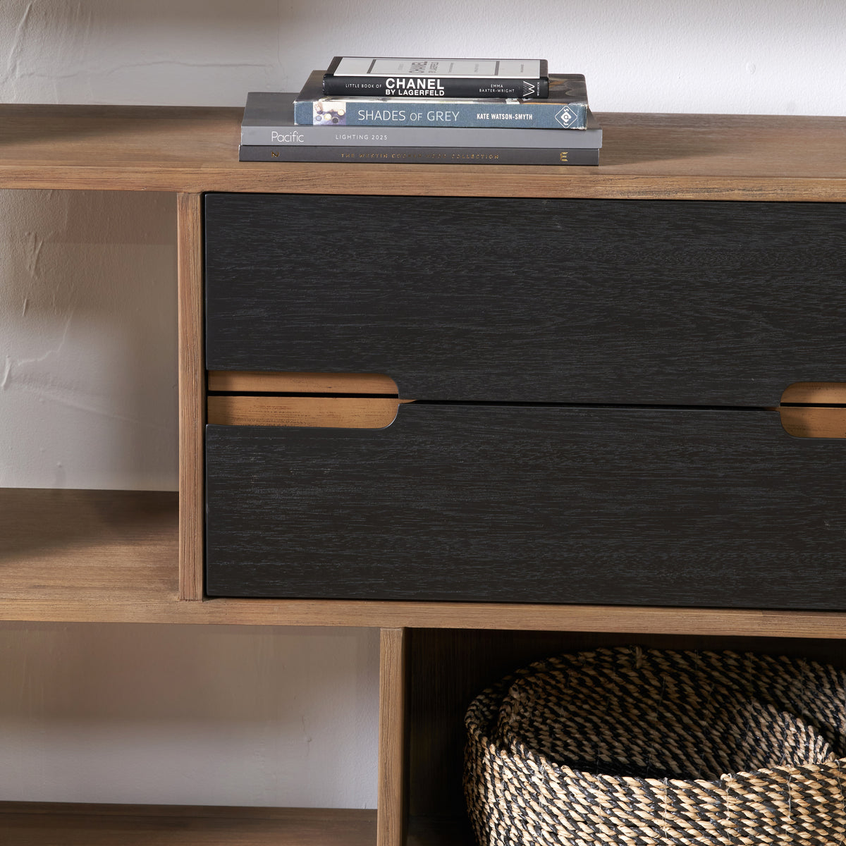 Gio Acacia Wood 2 Drawer 7 Niche Shelf Unit from Roseland Furniture
