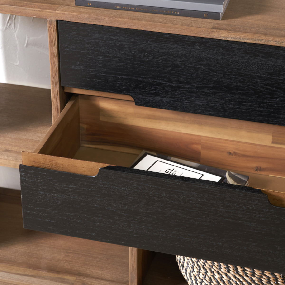 Gio Acacia Wood 2 Drawer 7 Niche Shelf Unit from Roseland Furniture