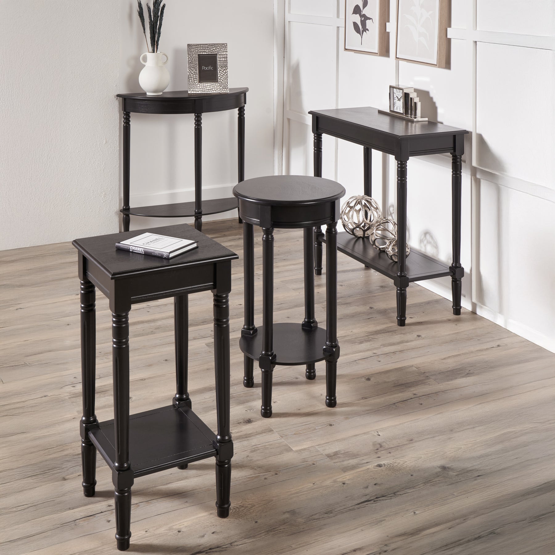 Heritage Black Pine Wood Half Moon Console Table Back1 from Roseland Furniture