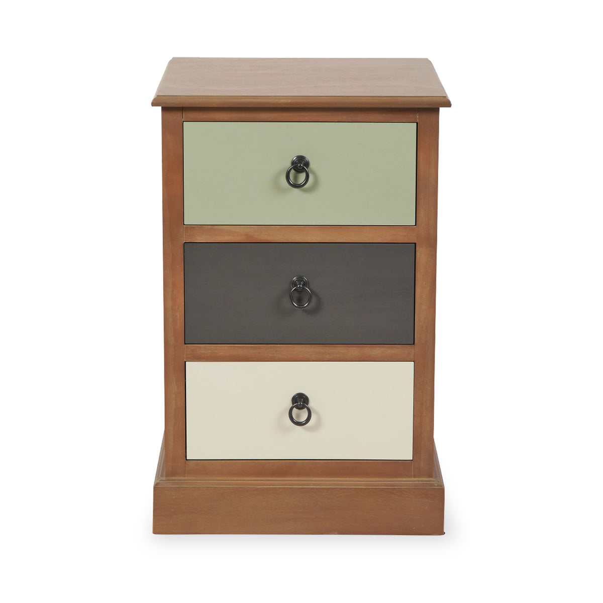 Loft Pine 3 Drawer Bedside Table with sage green drawer from Roseland Furniture
