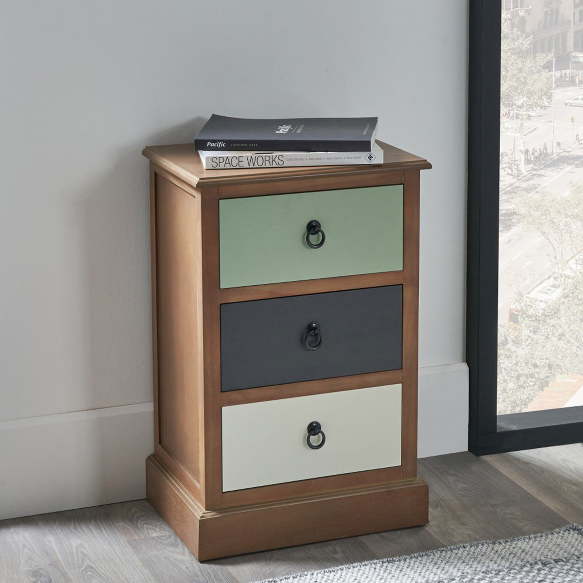 Loft Pine 3 Drawer Bedside Table with sage green drawer from Roseland Furniture