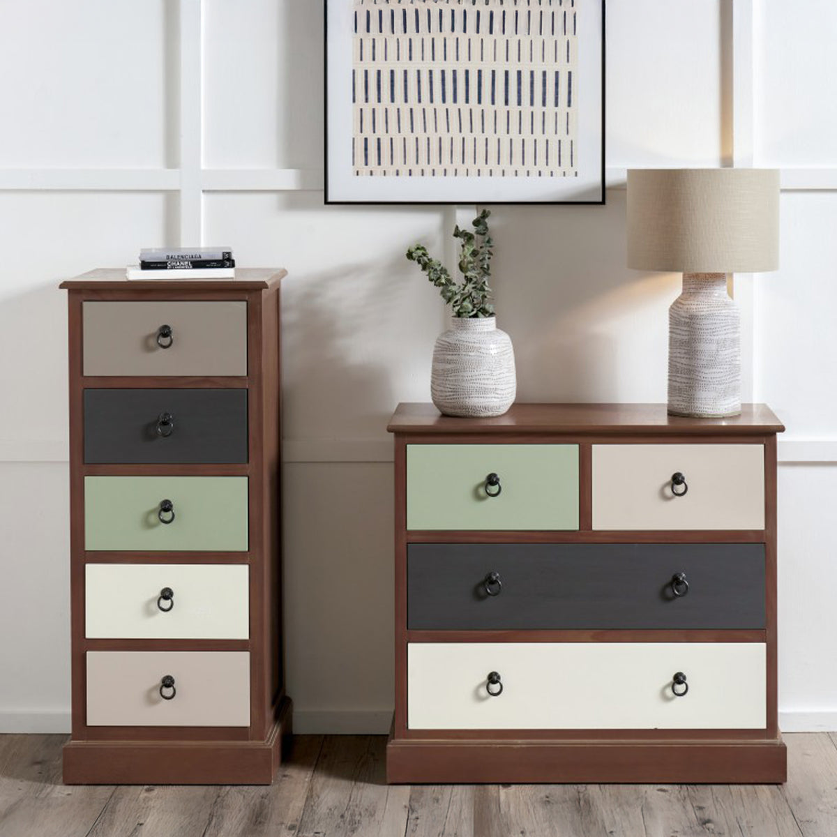 Loft Pine 5 Drawer Tallboy with sage green drawer from Roseland Furniture