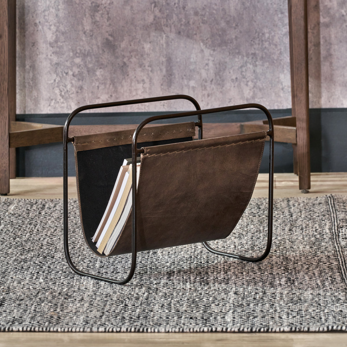 Eliseo Leather Magazine Rack Peppercorn from Roseland Furniture