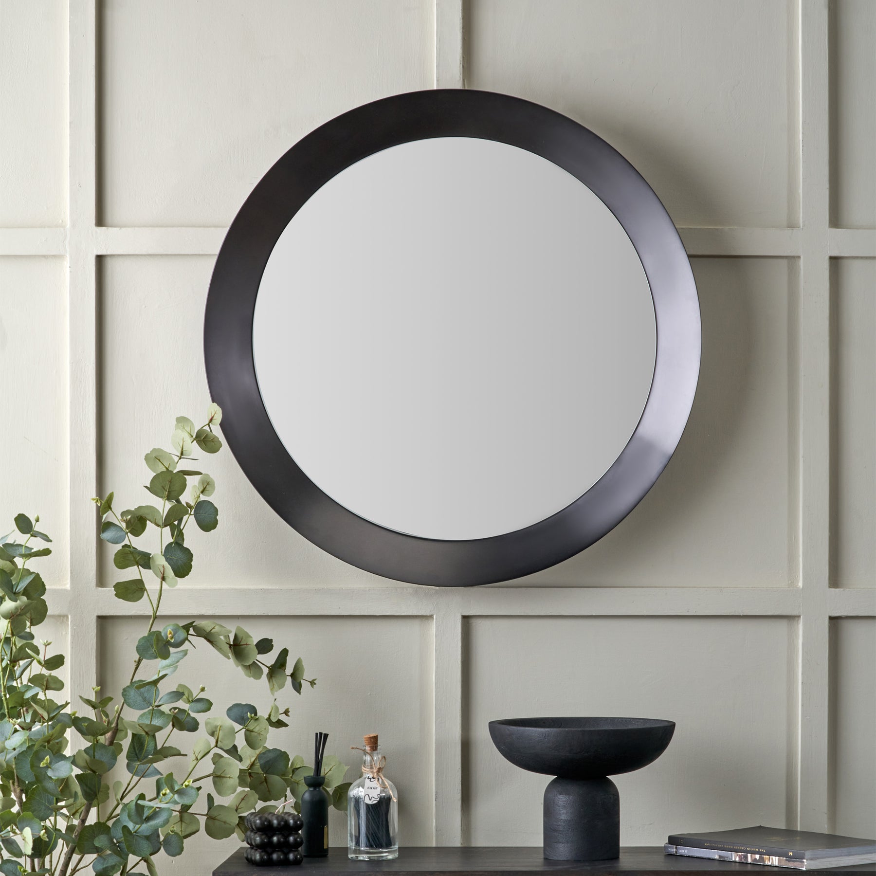 Venice Angled Frame Round Wall Mirror Graphite L from Roseland Furniture