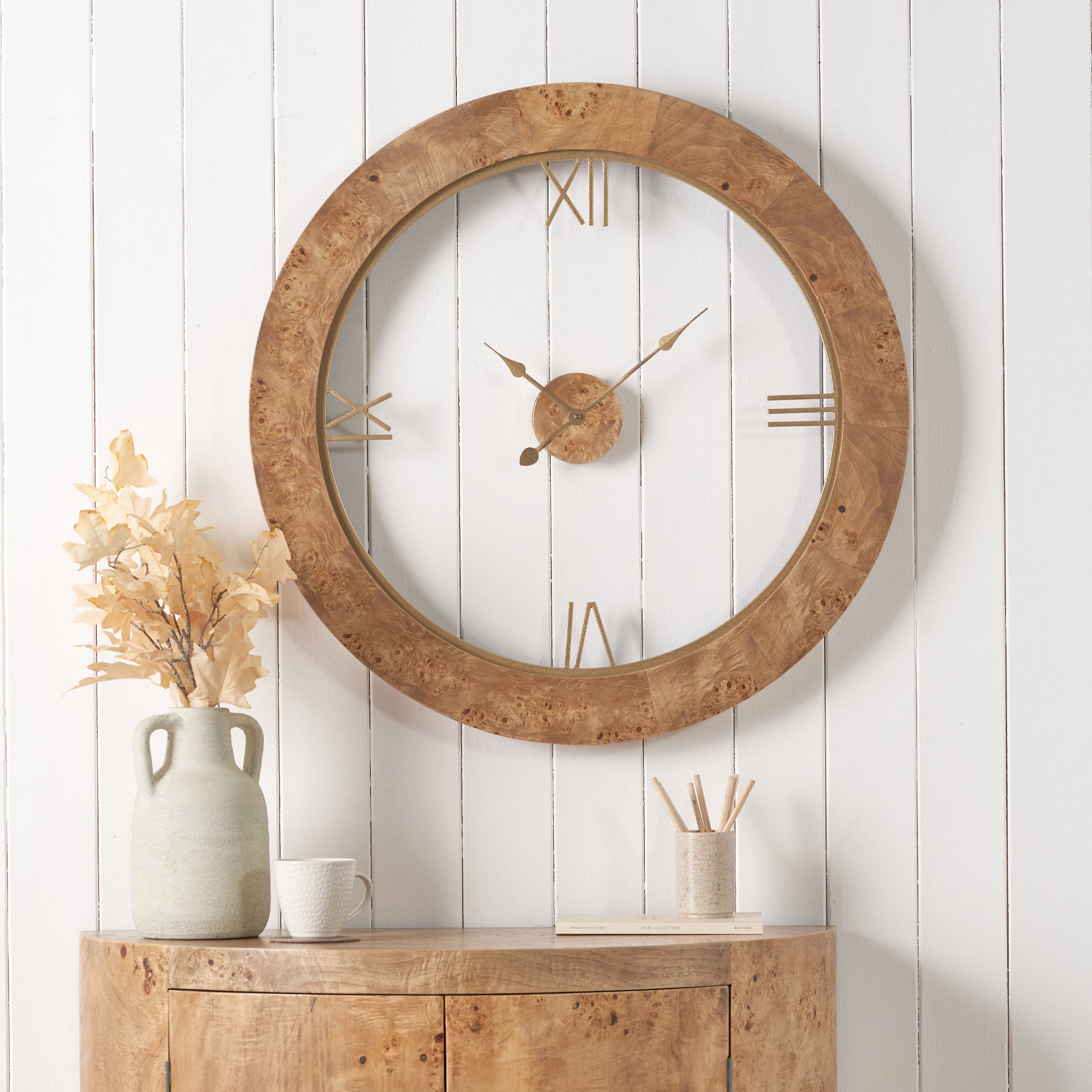 Newborough Burr Wood Effect Wall Clock from Roseland Furniture