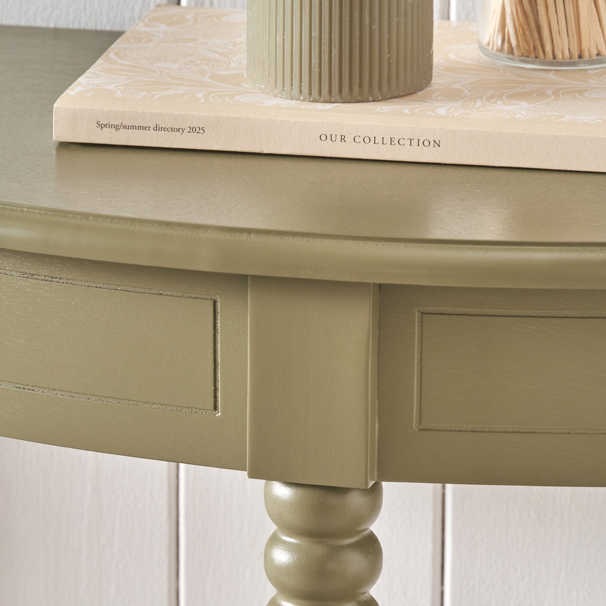 Heritage Olive Green Pine Half Moon Console Table from Roseland Furniture