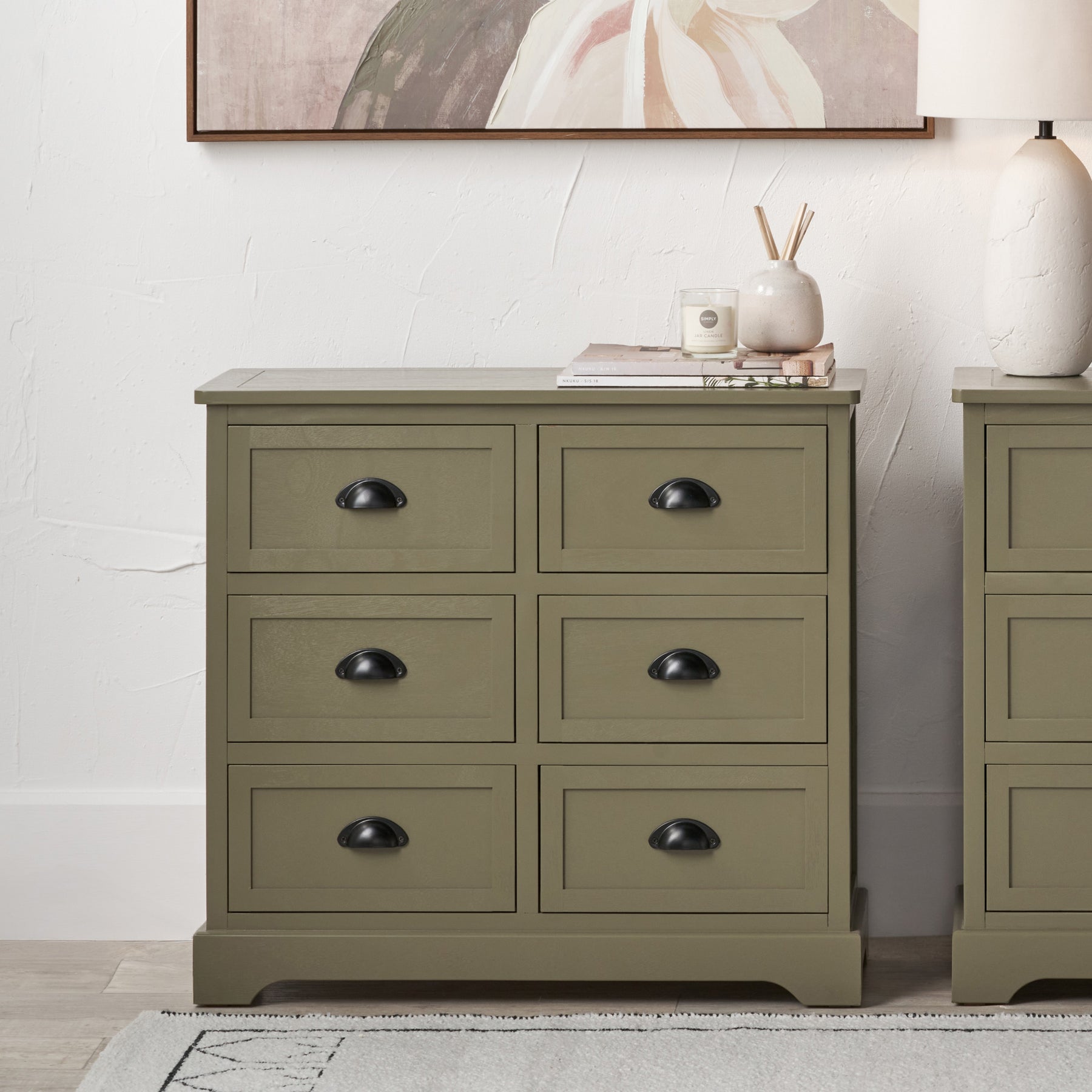 Croft Olive Pine Wood 6 Drawer Unit from Roseland Furniture