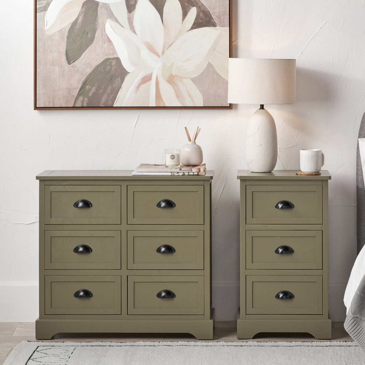 Croft Olive Pine Wood 6 Drawer Unit from Roseland Furniture