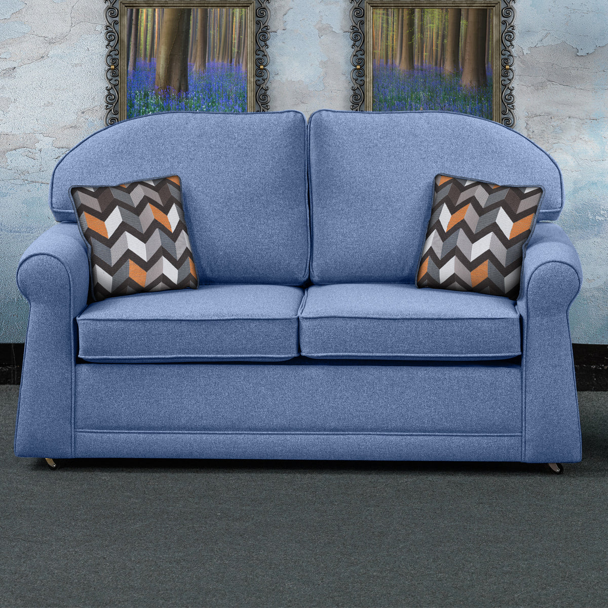 Croxdon Denim Faux Linen 2 Seater Sofabed with Charcoal Scatter Cushions from Roseland Furniture