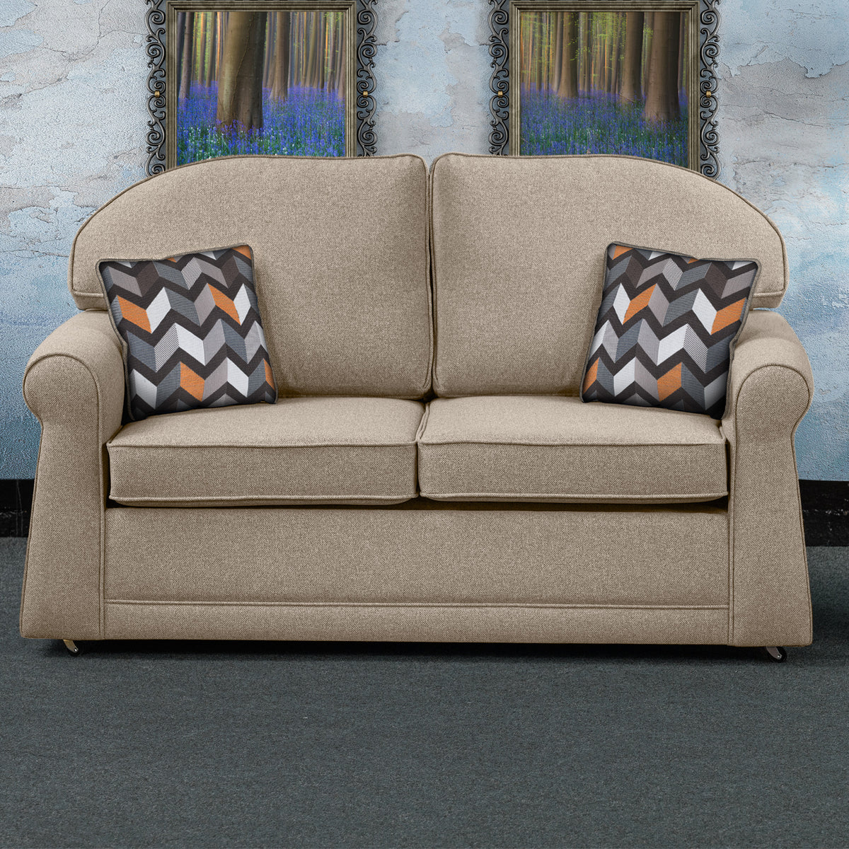 Croxdon Oatmeal Faux Linen 2 Seater Sofabed with Charcoal Scatter Cushions from Roseland Furniture