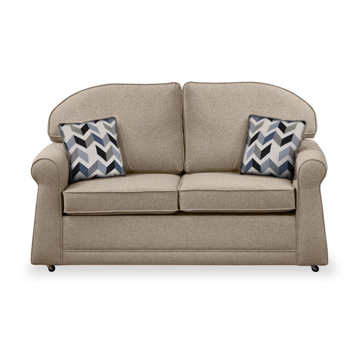 Croxdon Oatmeal Faux Linen 2 Seater Sofabed with Denim Scatter Cushions from Roseland Furniture