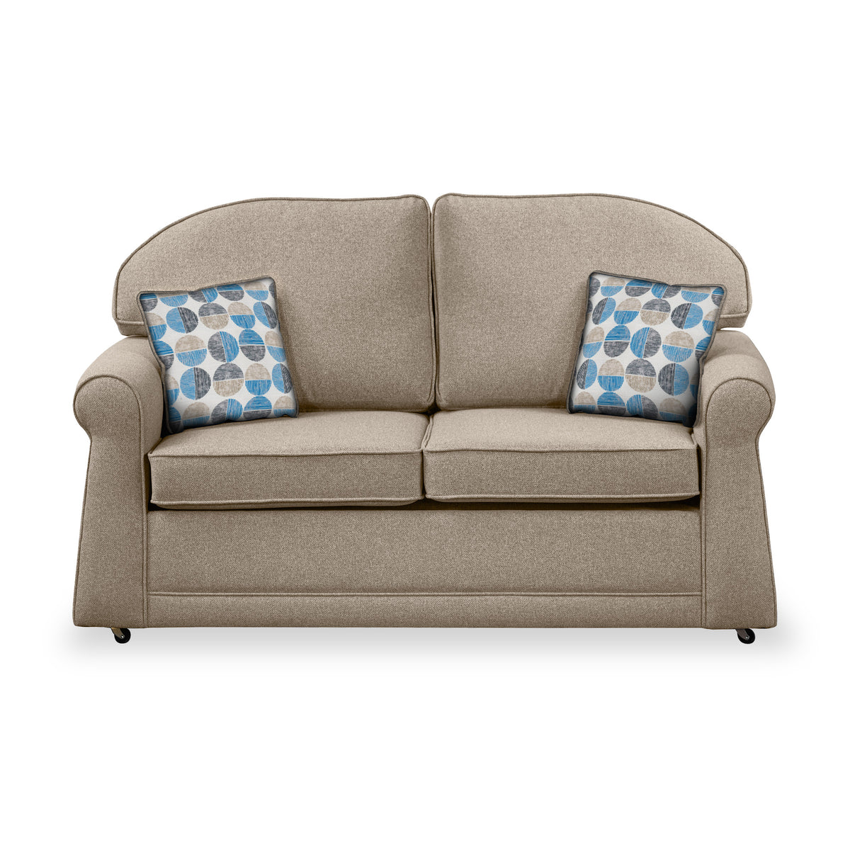 Croxdon Oatmeal Faux Linen 2 Seater Sofabed with Blue Scatter Cushions from Roseland Furniture