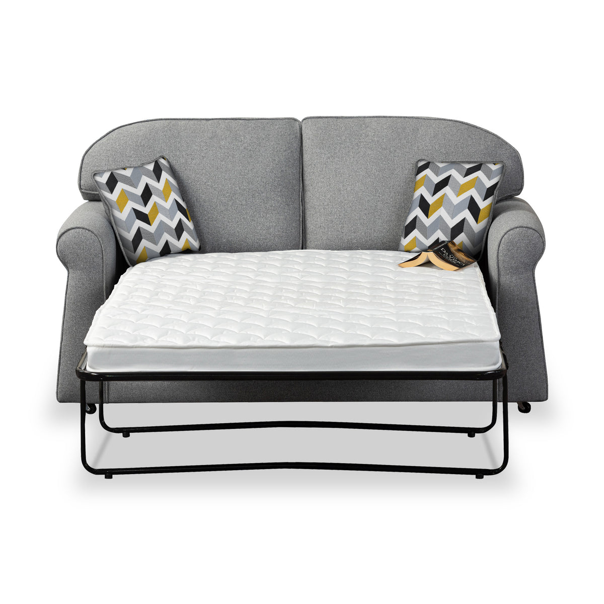 Croxdon Silver Faux Linen 2 Seater Sofabed with Mustard Scatter Cushions from Roseland Furniture