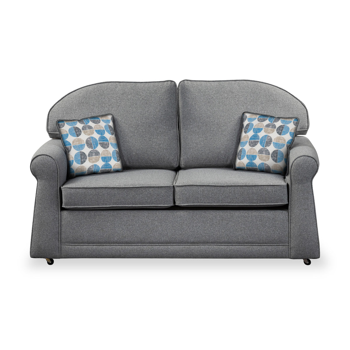 Croxdon Silver Faux Linen 2 Seater Sofabed with Blue Scatter Cushions from Roseland Furniture