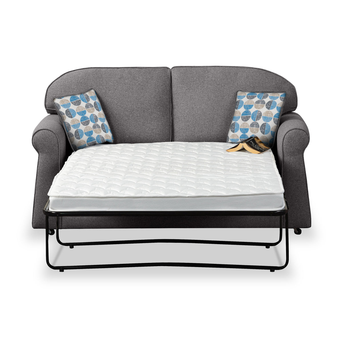 Giselle Charcoal Soft Weave 2 Seater Sofabed with Blue Scatter Cushions from Roseland Furniture