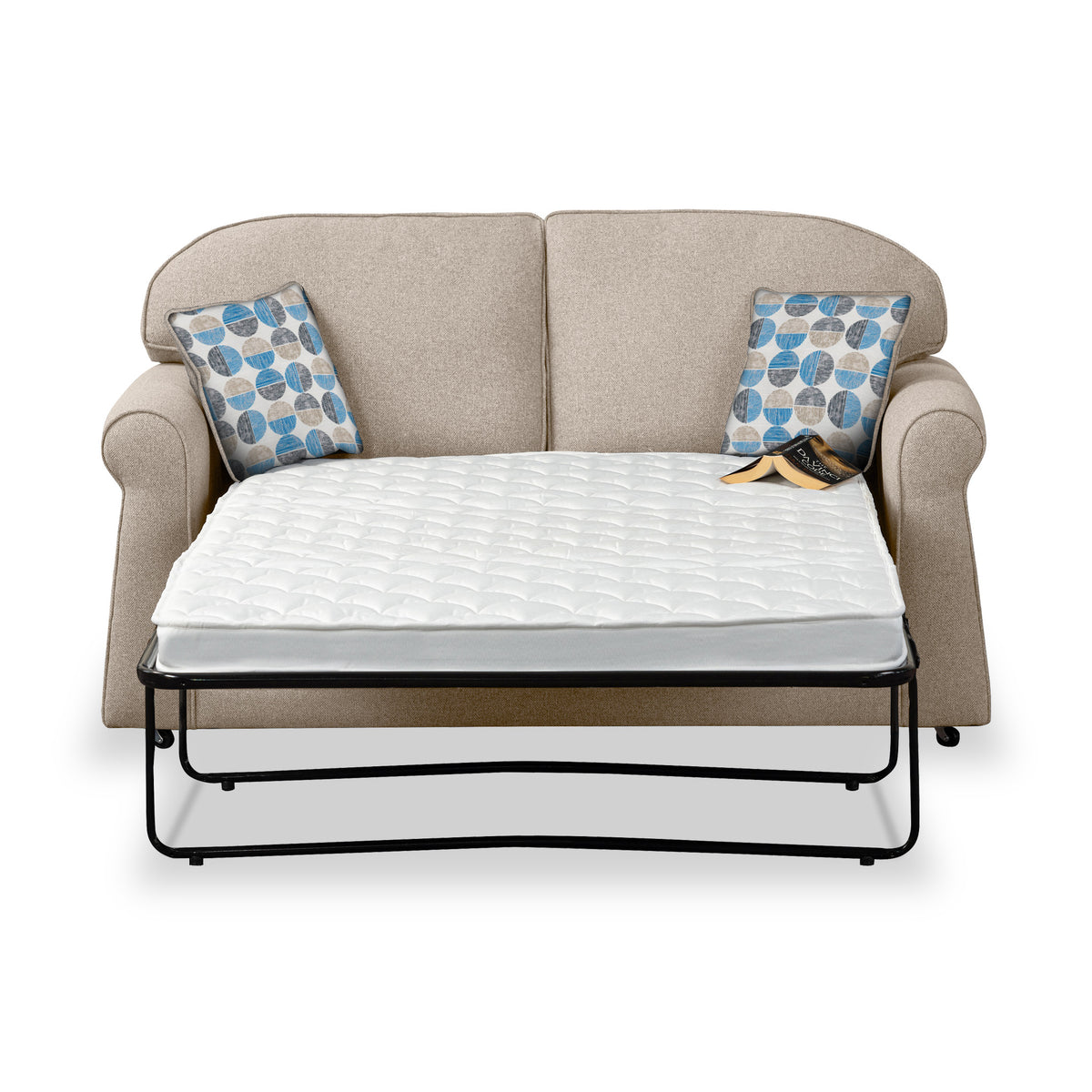 Giselle Fawn Soft Weave 2 Seater Sofabed with Blue Scatter Cushions from Roseland Furniture