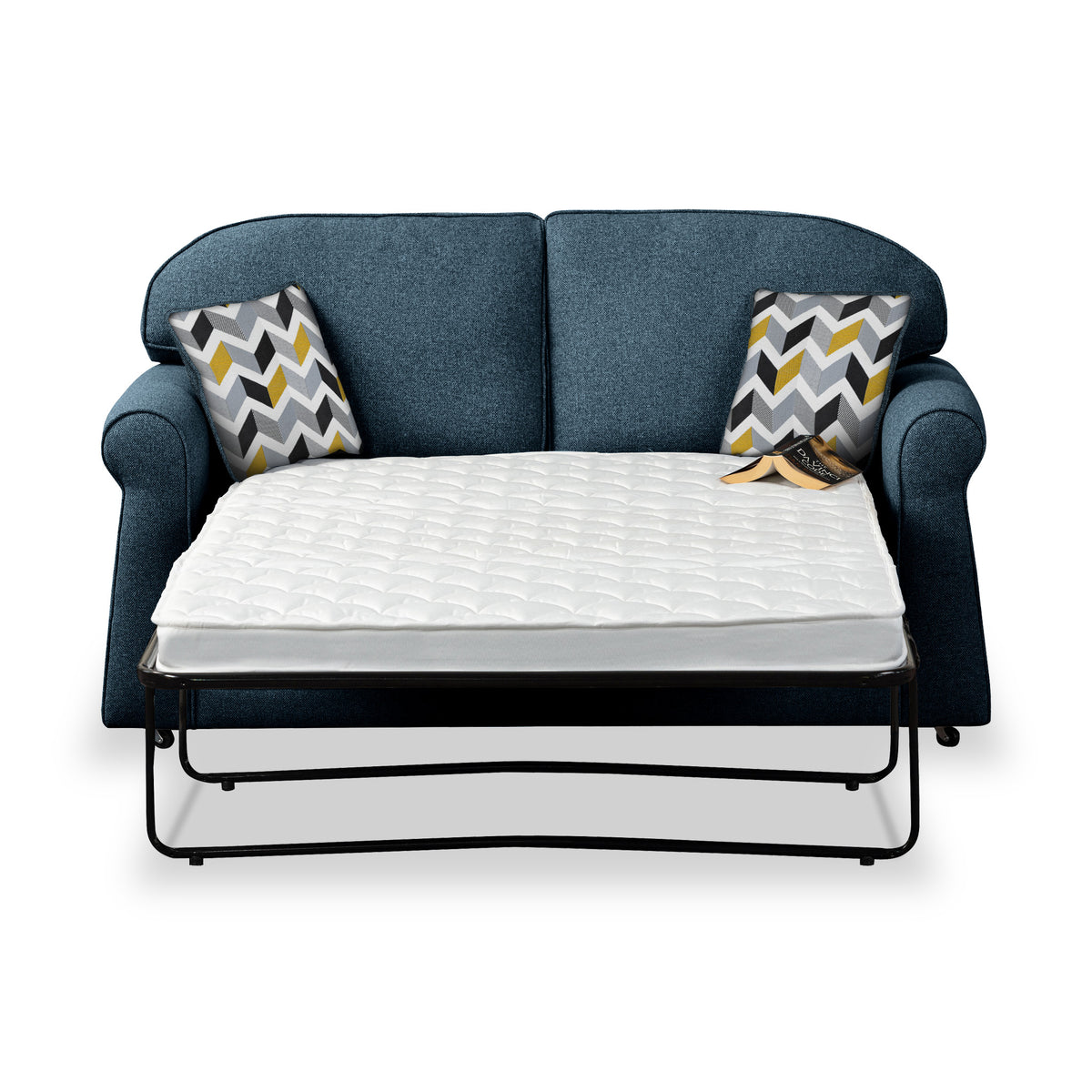 Giselle Midnight Soft Weave 2 Seater Sofabed with Mustard Scatter Cushions from Roseland Furniture