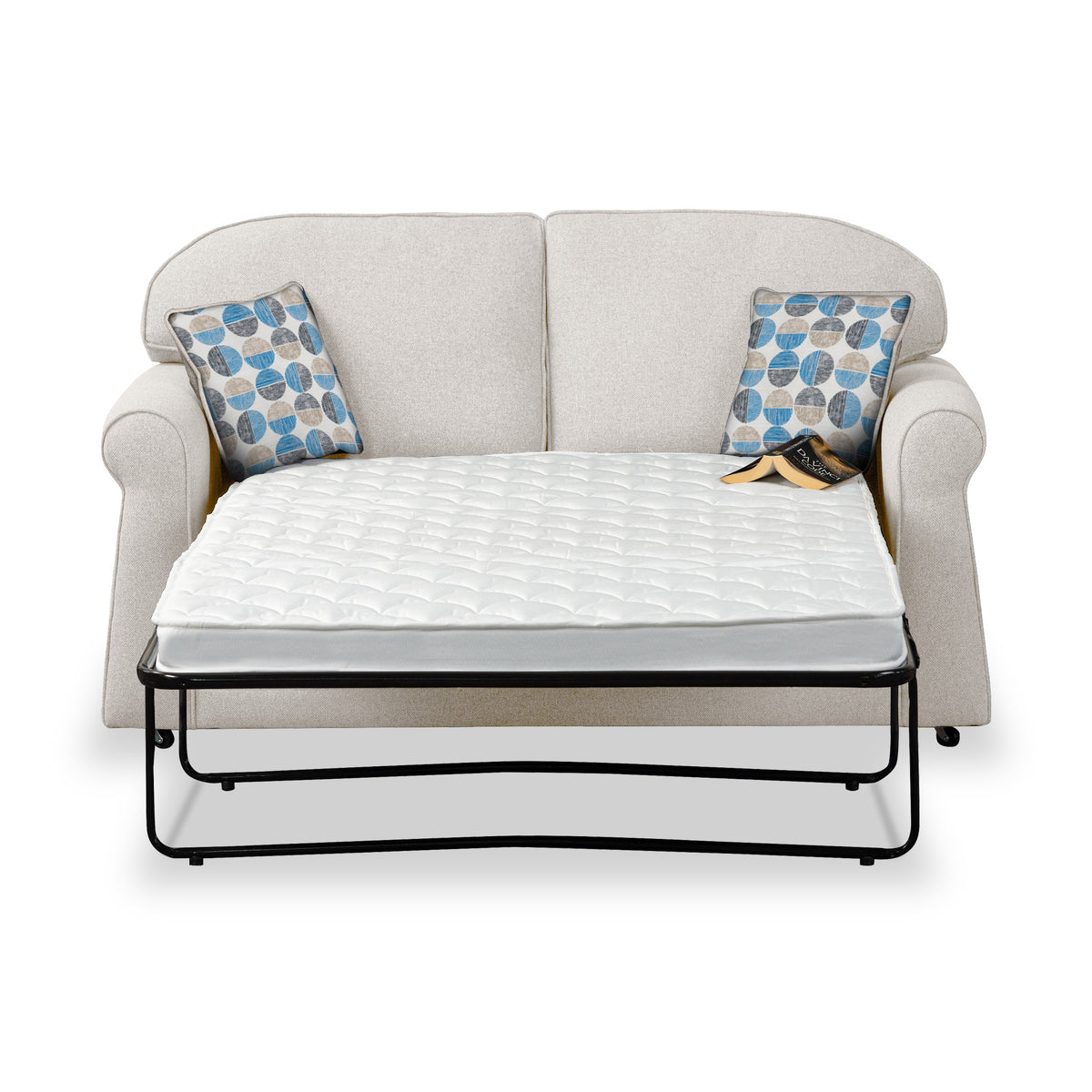 Giselle Oatmeal Soft Weave 2 Seater Sofabed with Blue Scatter Cushions from Roseland Furniture