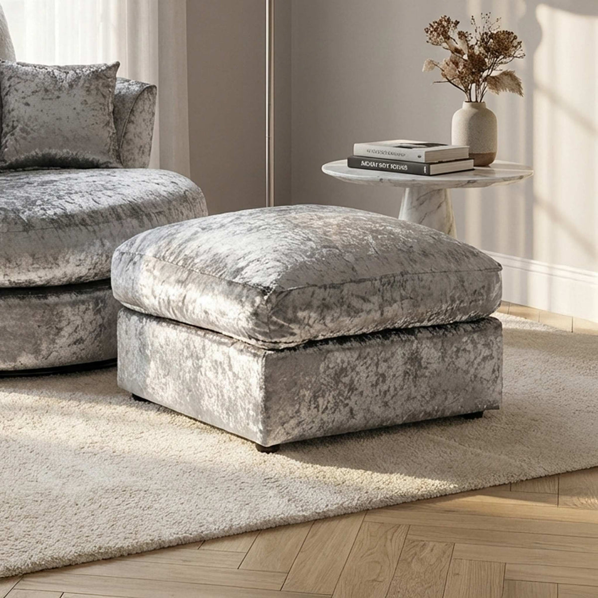 Tamara Silver Crushed Velvet Footstool from Roseland Furniture