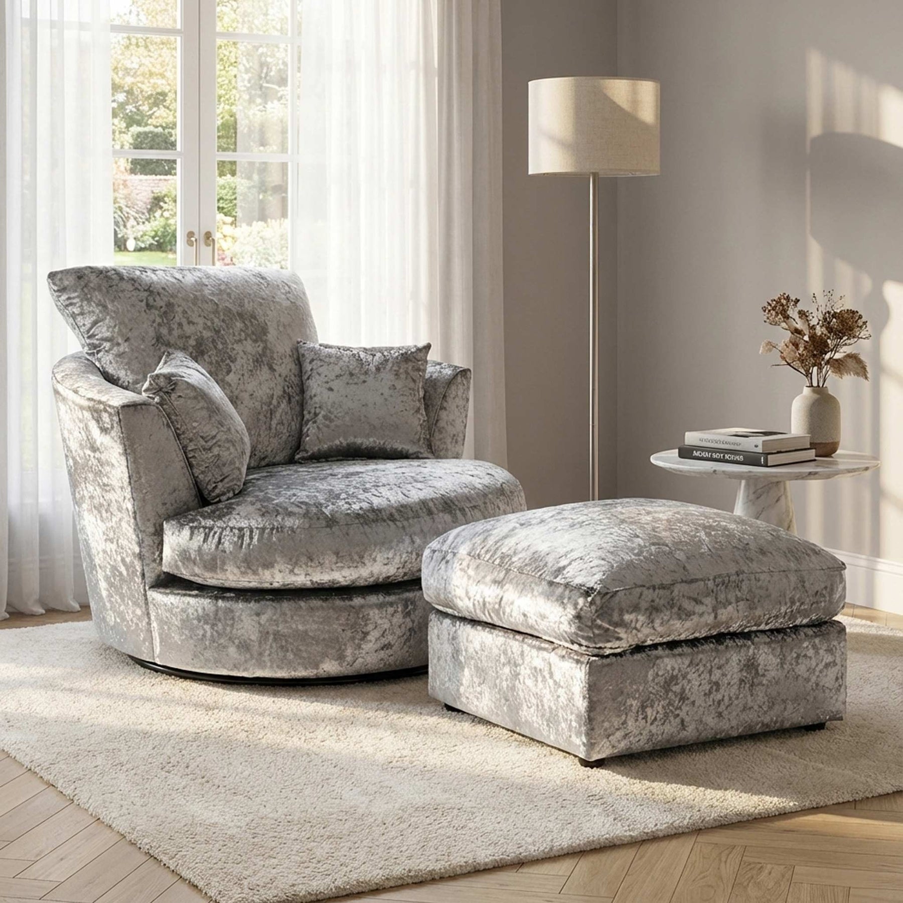 Tamara Silver Crushed Velvet Swivel Chair from Roseland Furniture