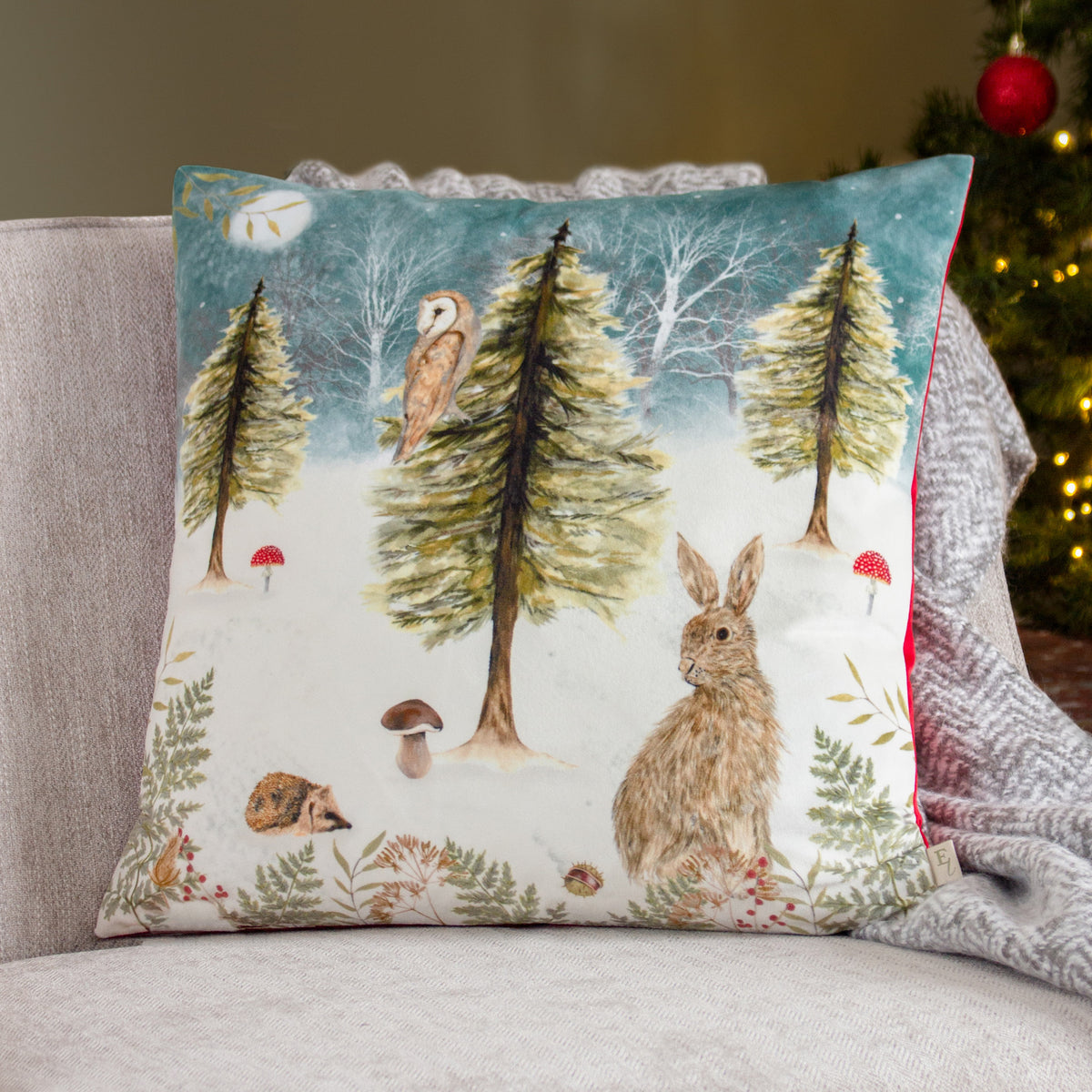 Christmas Owl 43cm Polyester Cushion with Velvet Reverse for living room or bedroom