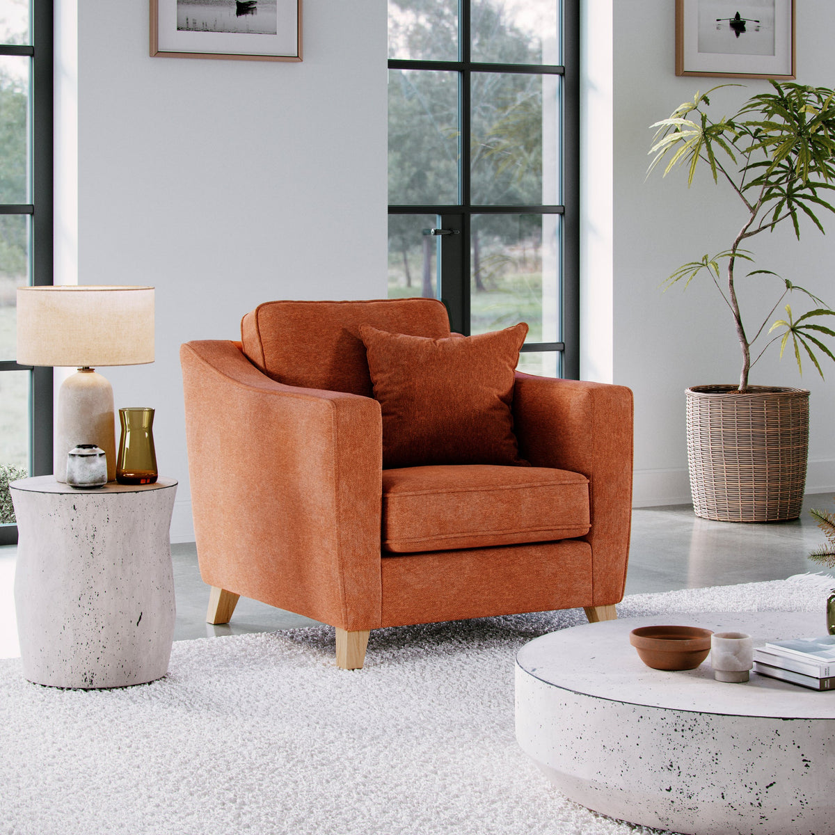 Claridge Soft Chenille Armchair Terra Life1 from Roseland Furniture