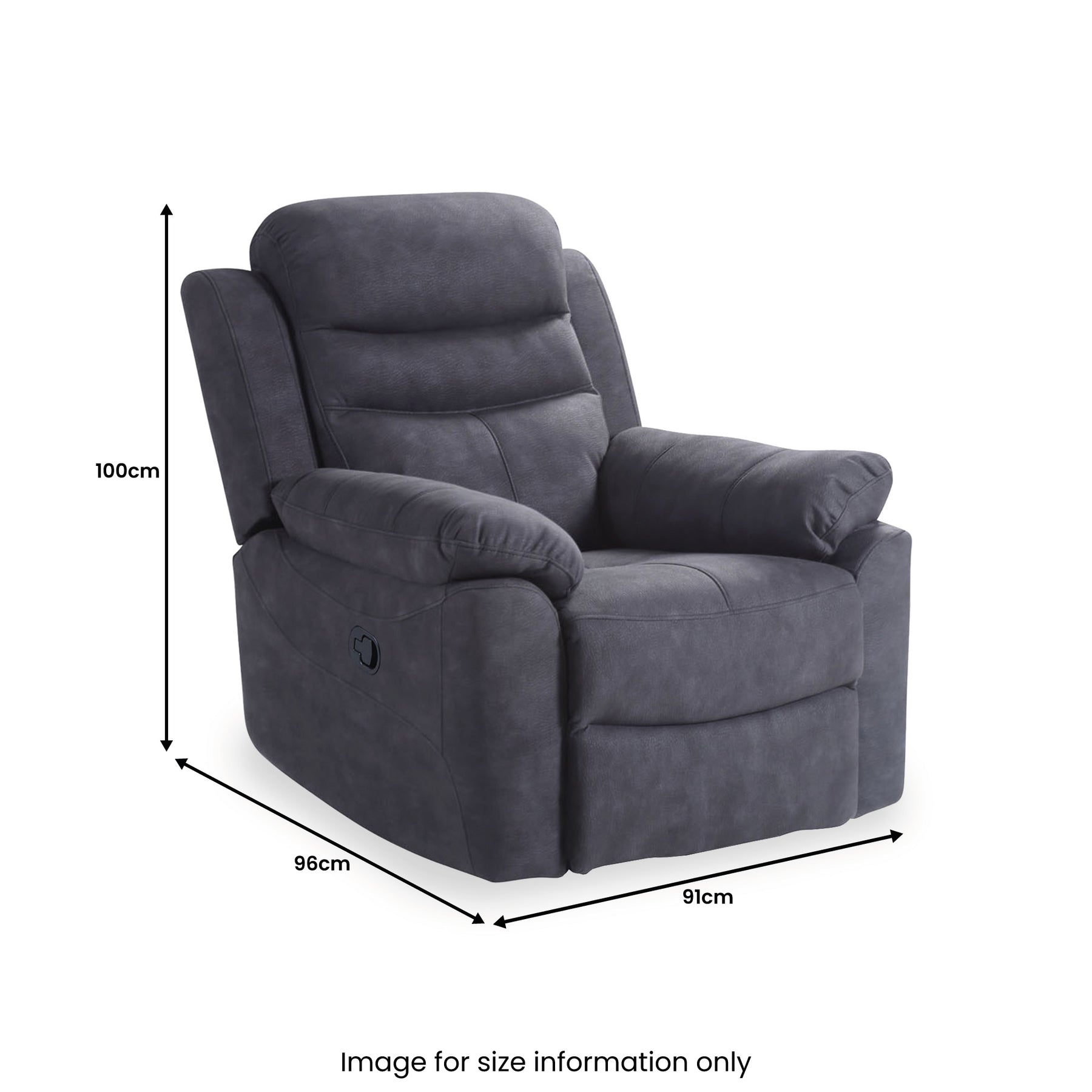 A plush grey recliner chair with dimensions labeled: height 100cm, width 96cm, and depth 91cm. Captioned "Image for size information only."