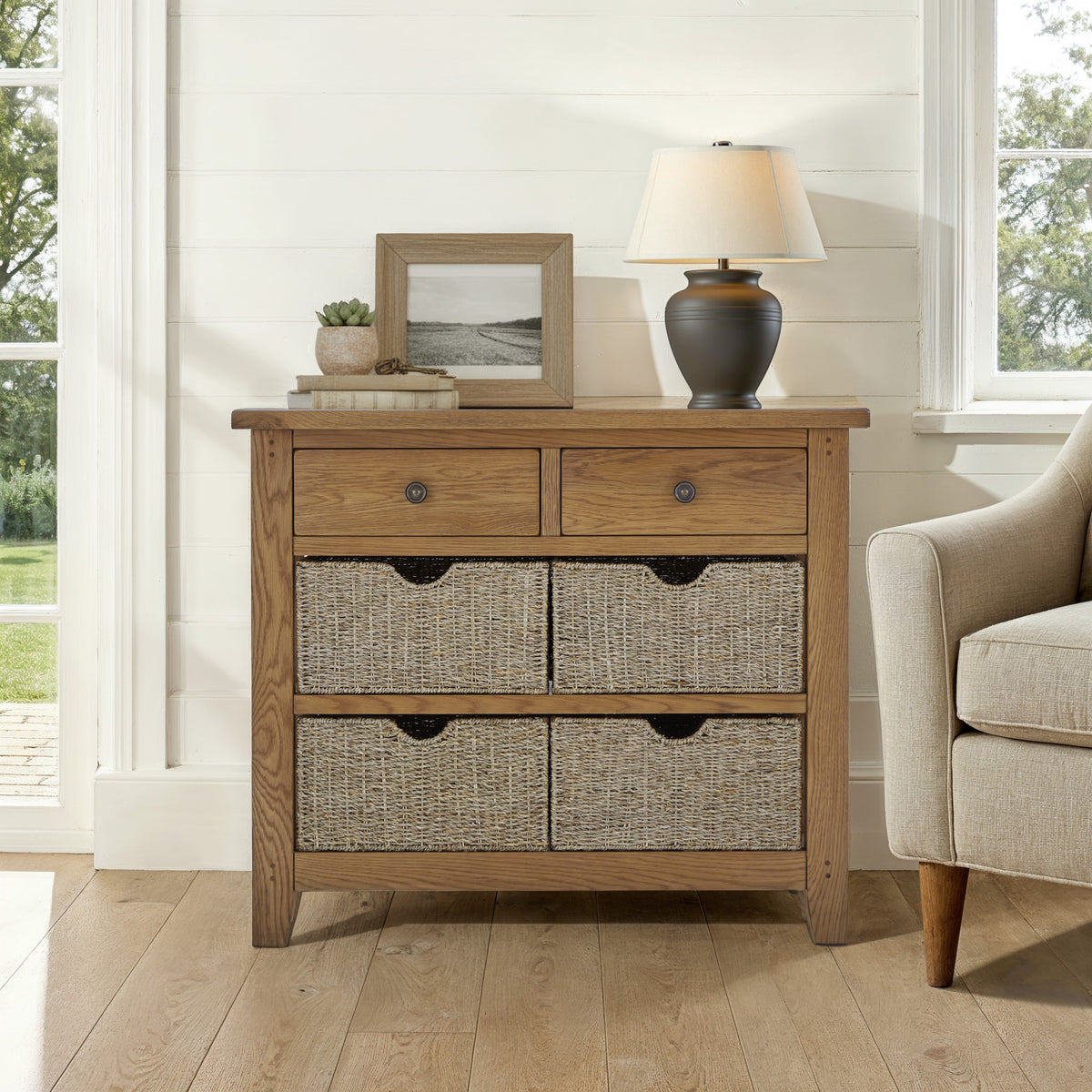 Broadway Oak Console Table with Baskets from Roseland Furniture