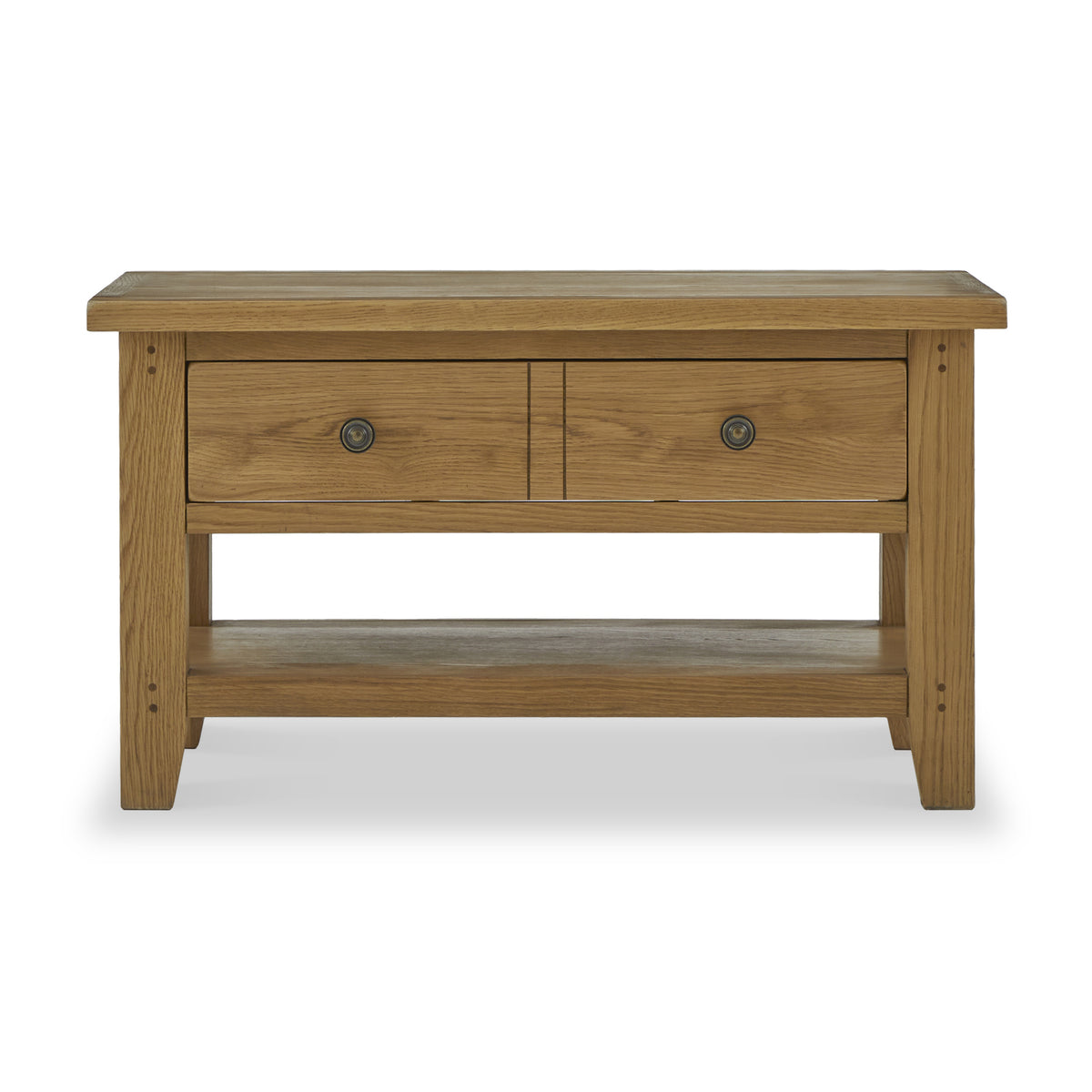 A wooden coffee table with two drawers and a lower shelf, isolated on a white background.