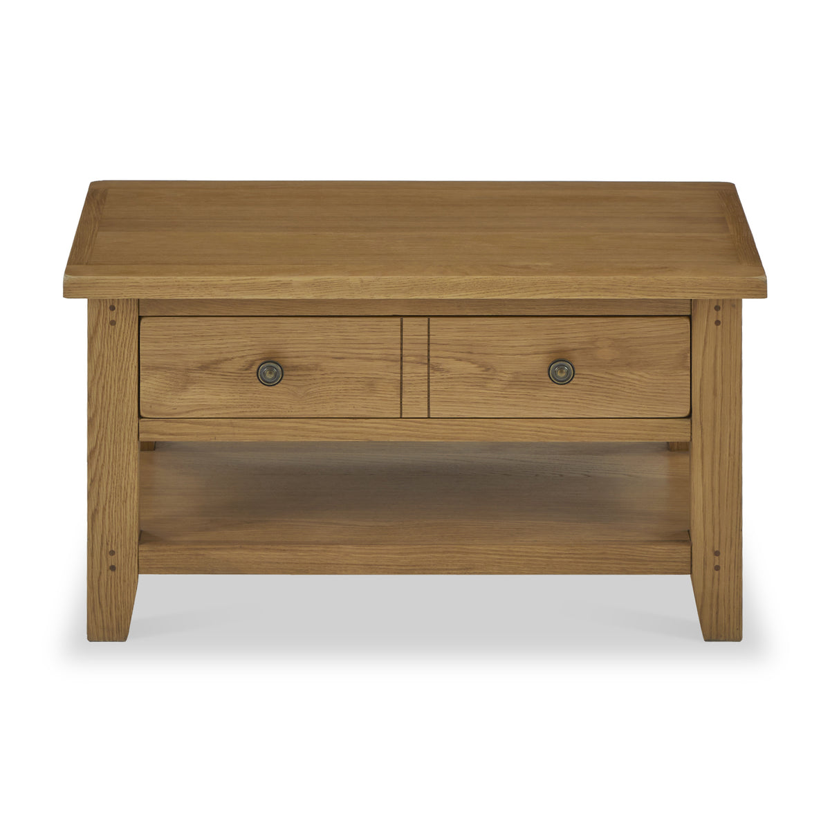 A wooden coffee table with two drawers and a lower shelf, standing against a plain background.