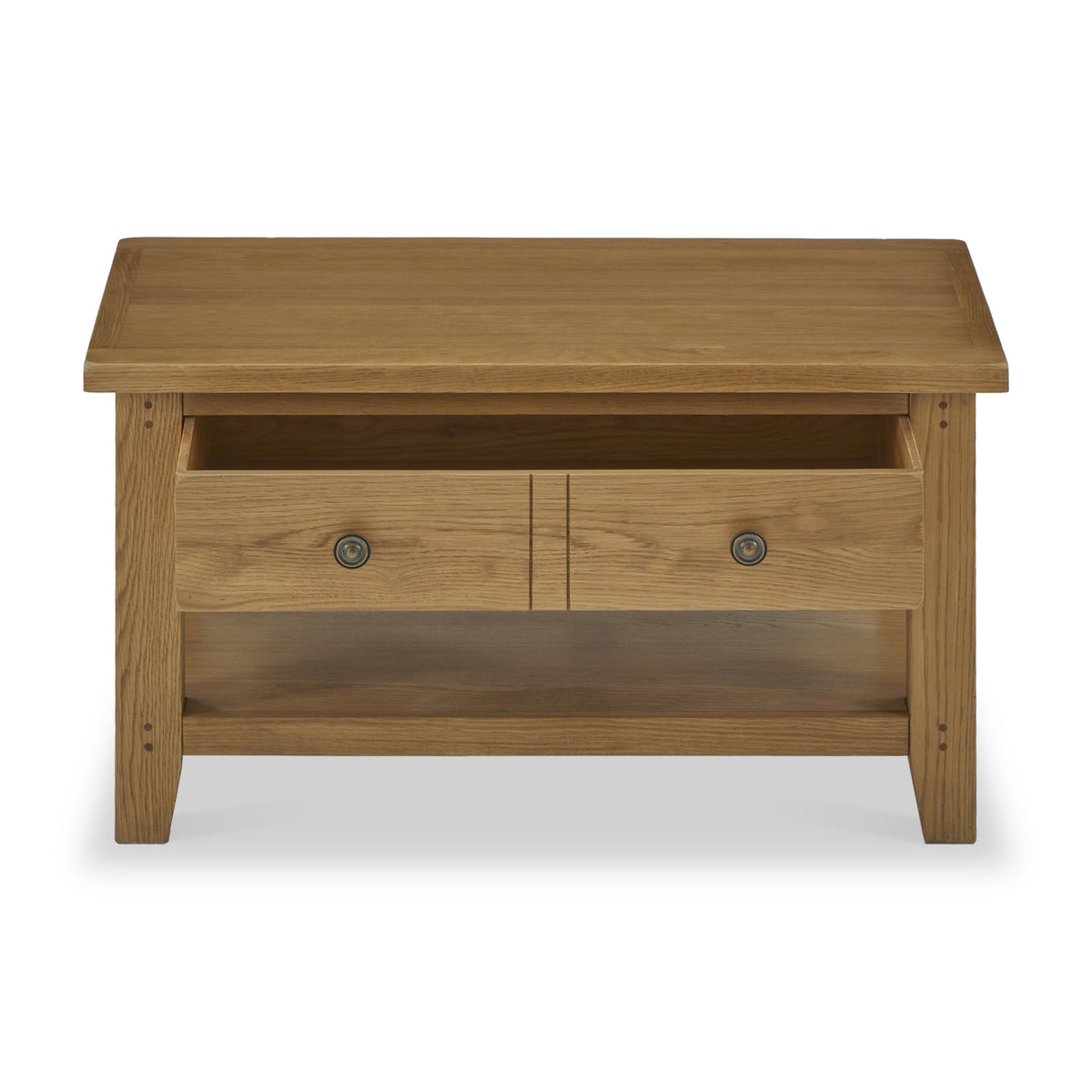 Wooden coffee table with two drawers and a lower shelf, isolated on a white background.