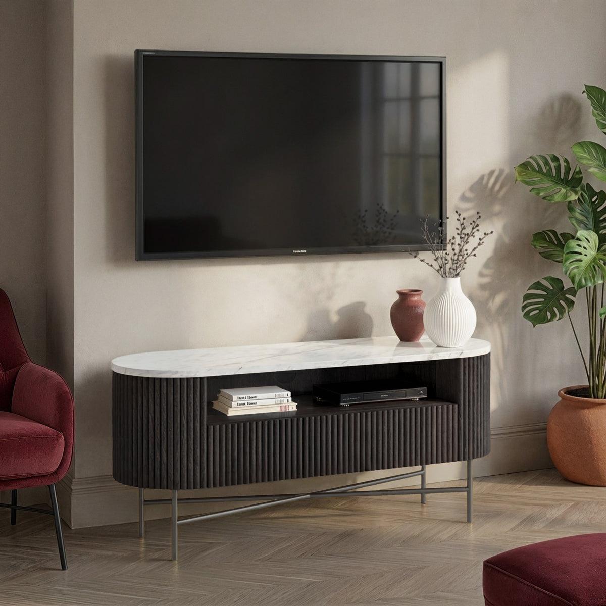 Milo Matt Black Mango & Marble Fluted TV Media Unit by Roseland Furniture