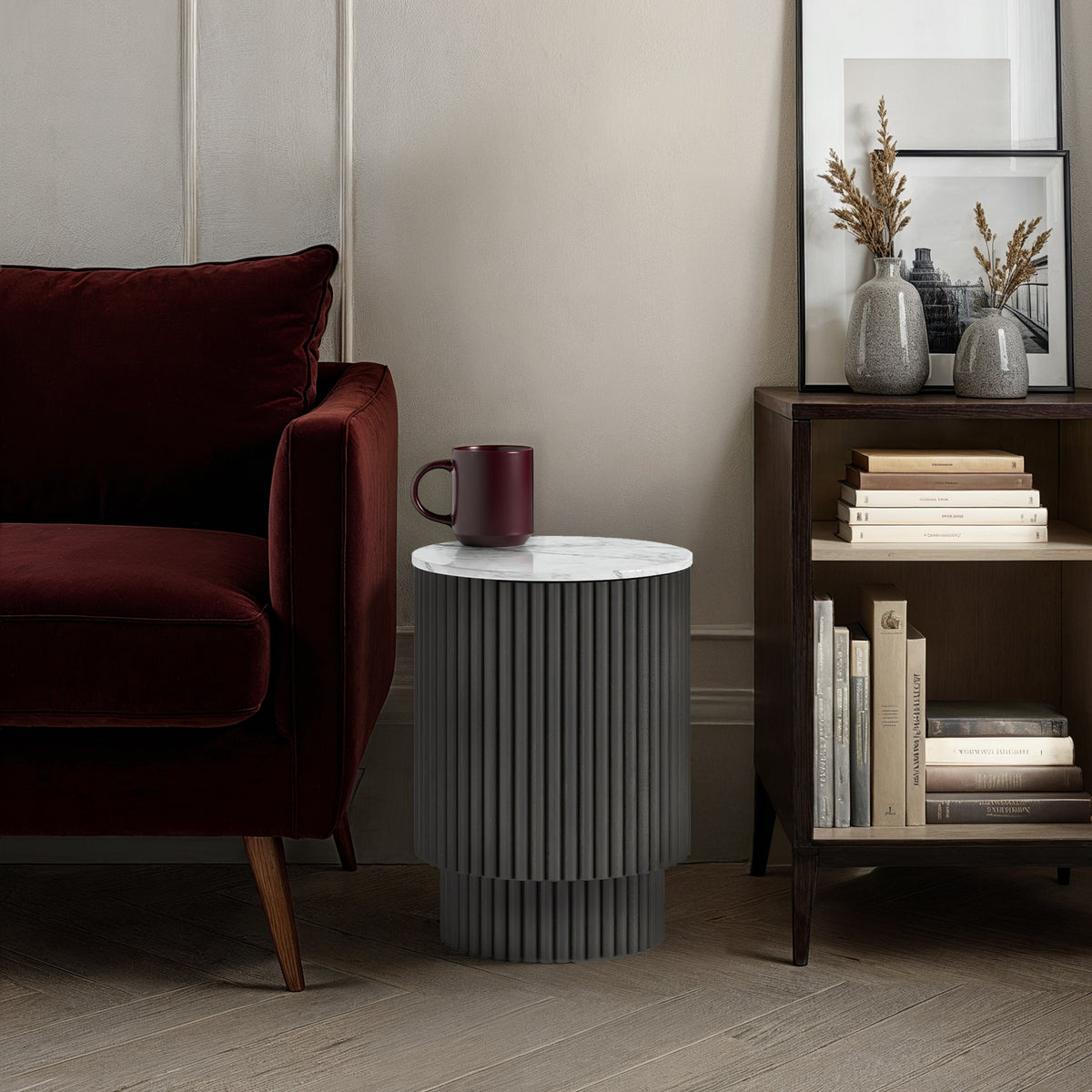 Milo Mango Marble Black Fluted Side Table with Door from Roseland Furniture