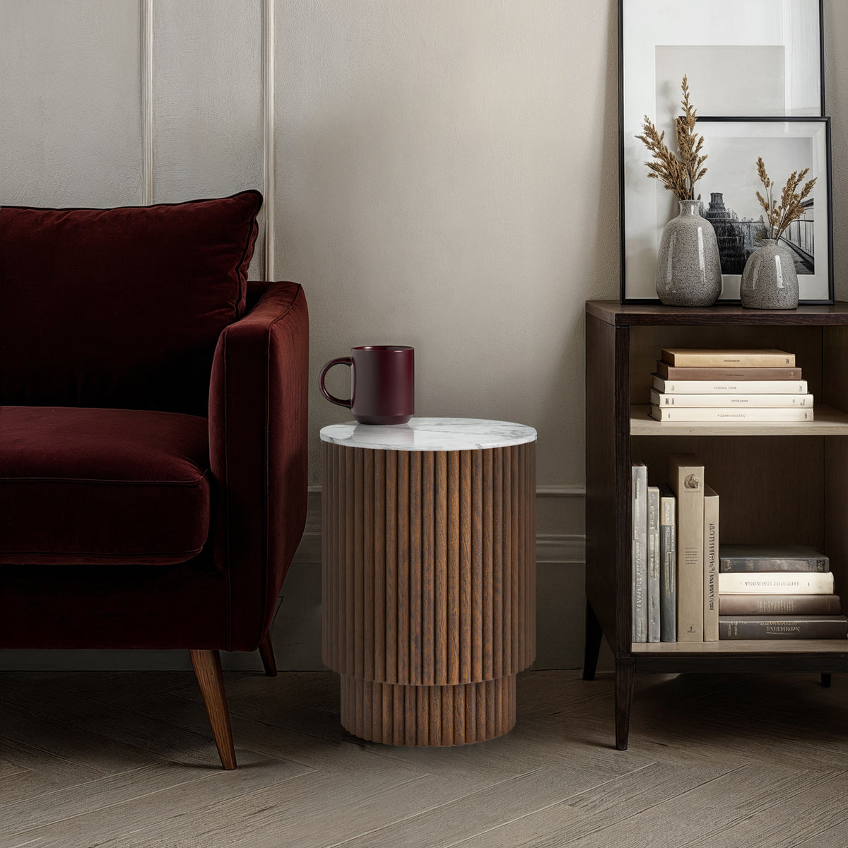 Milo Mango Marble Brown Fluted Side Table with Door from Roseland Furniture
