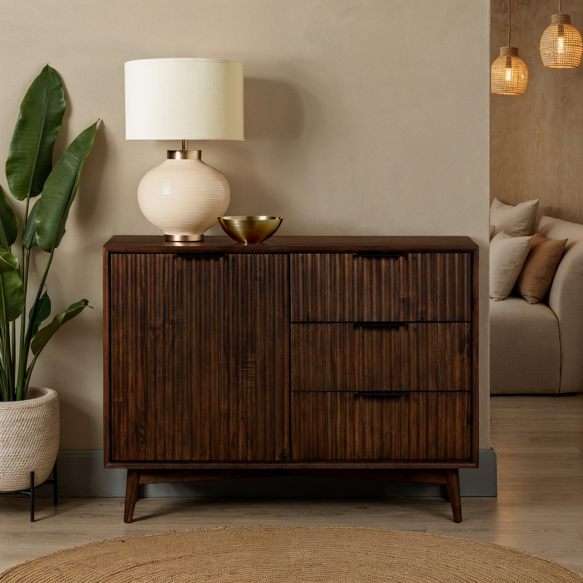 Oskar Grooved 3 Drawer Small Sideboard Cabinet from Roseland Furniture