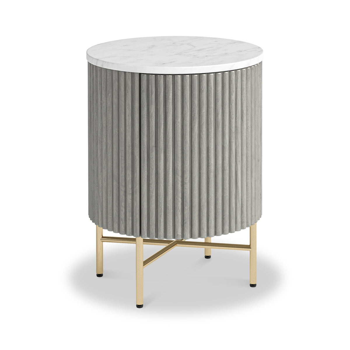 Amelie Grey Fluted Round Marble Bedside Table with Storage Roseland