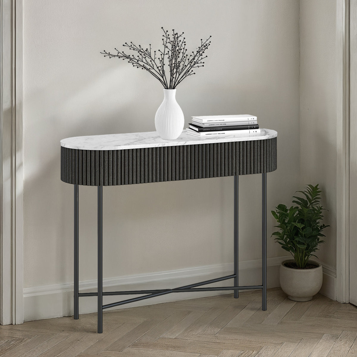 Milo Mango & Marble Black Fluted Console Table from Roseland Furniture
