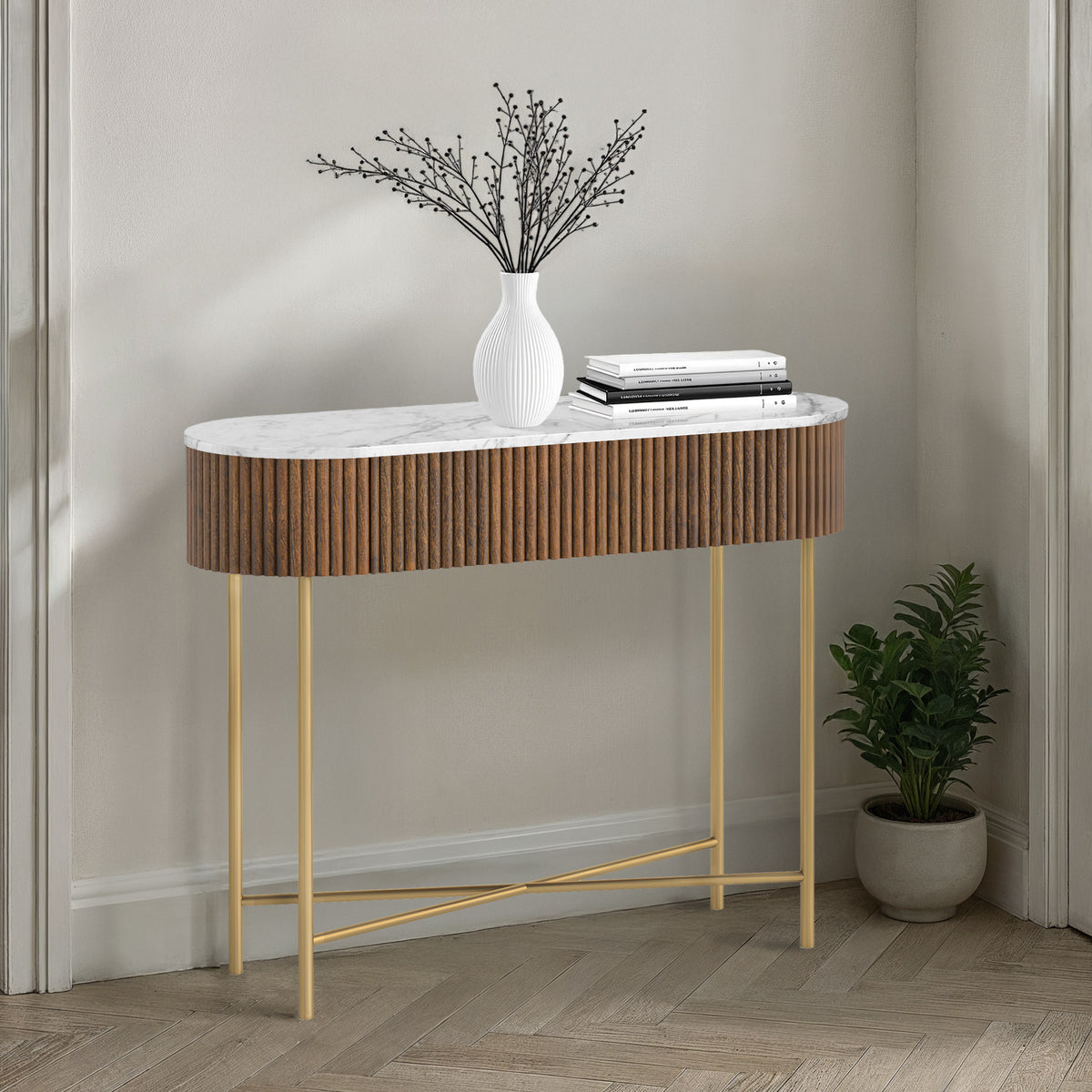 Milo Mango & Marble Walnut Fluted Console Table from Roseland Furniture