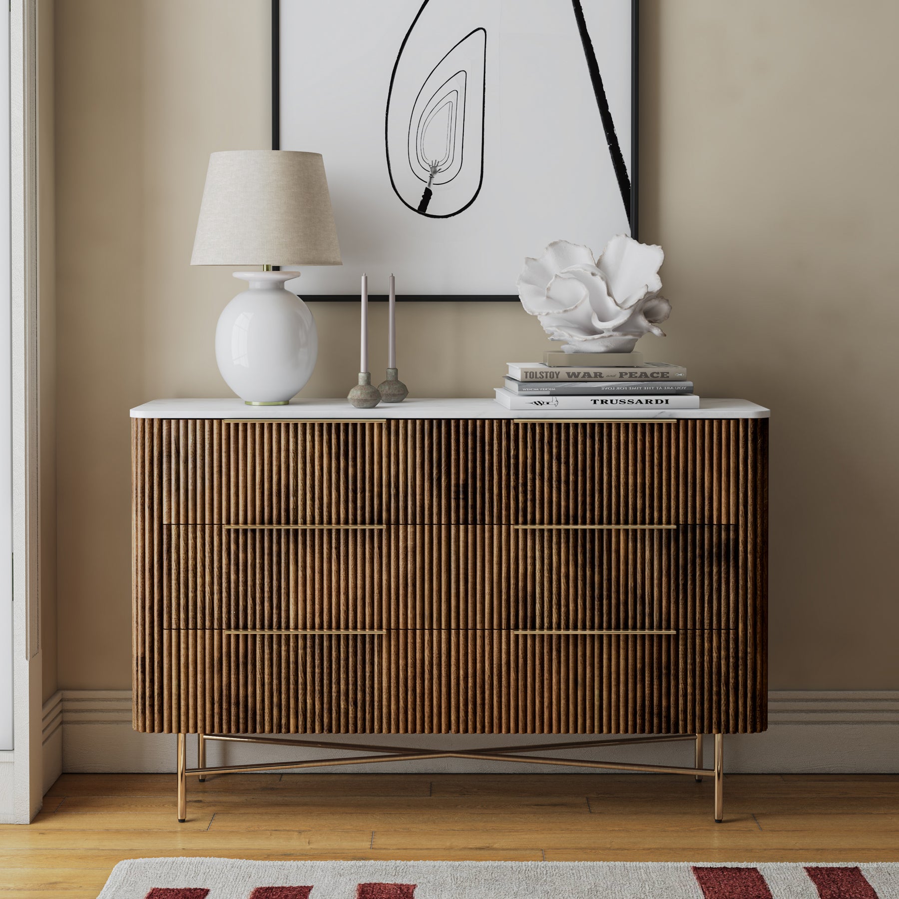 Milo Mango & Marble Walnut 6 Drawer Chest for bedroom