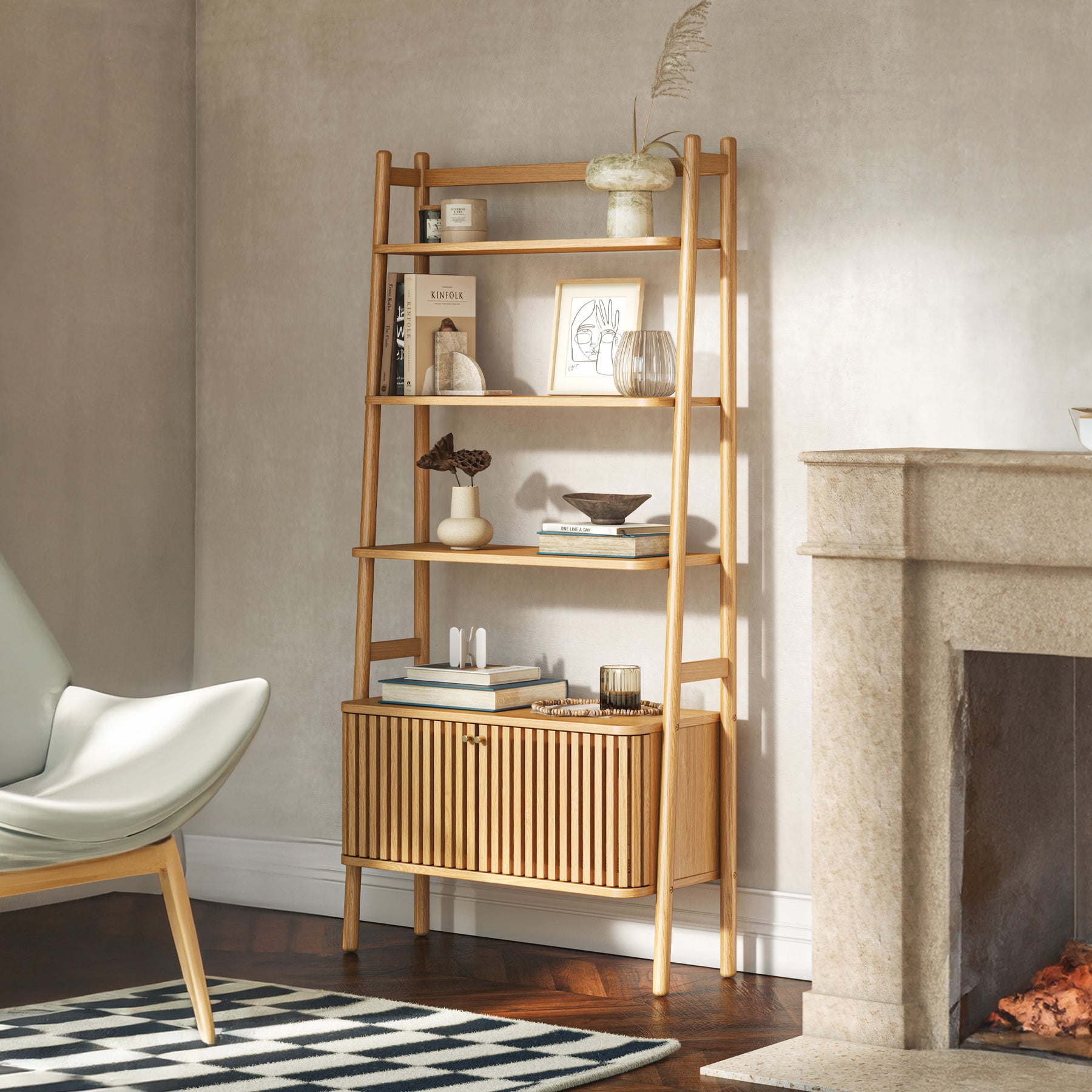Shorwell Oak Large Bookcase with 2 Door Slatted Cupboard from Roseland Furniture