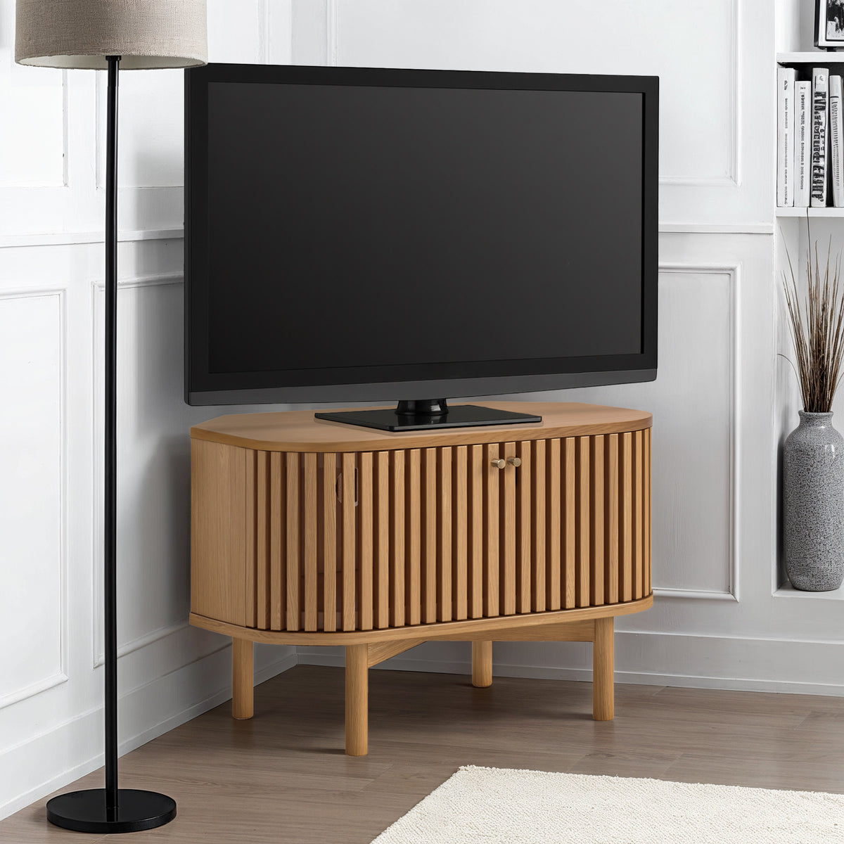 Shorwell Oak Slatted Corner TV Unit from Roseland Furniture