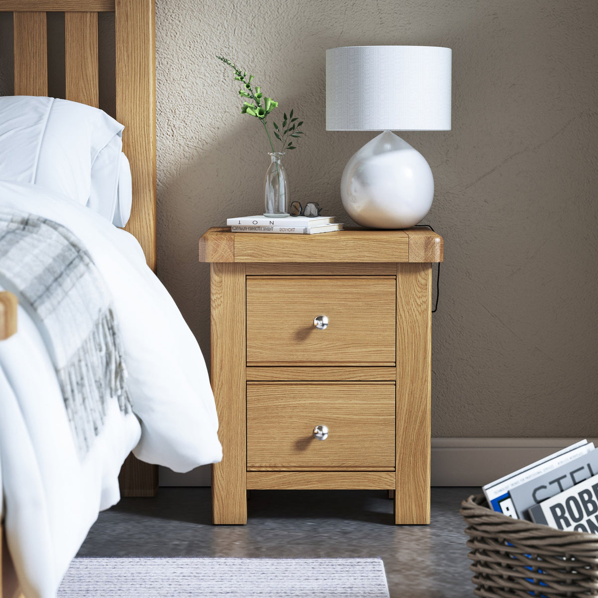 Portland Oak 2 Drawer Bedside Table from Roseland Furniture