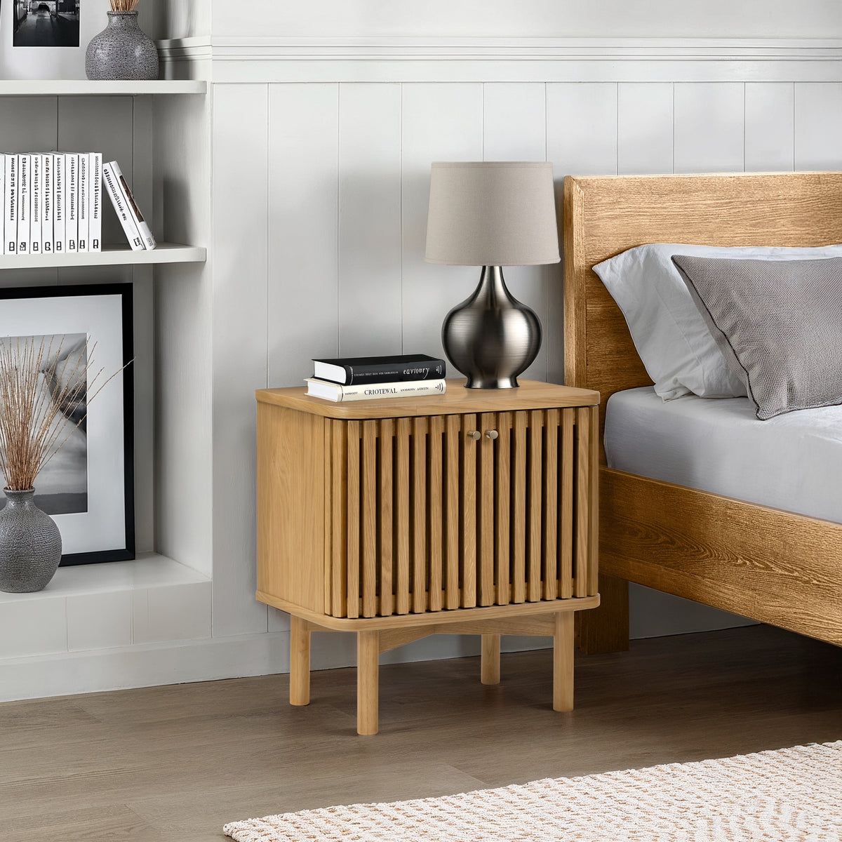 Shorwell Oak Slatted 2 Door Bedside Table from Roseland Furniture