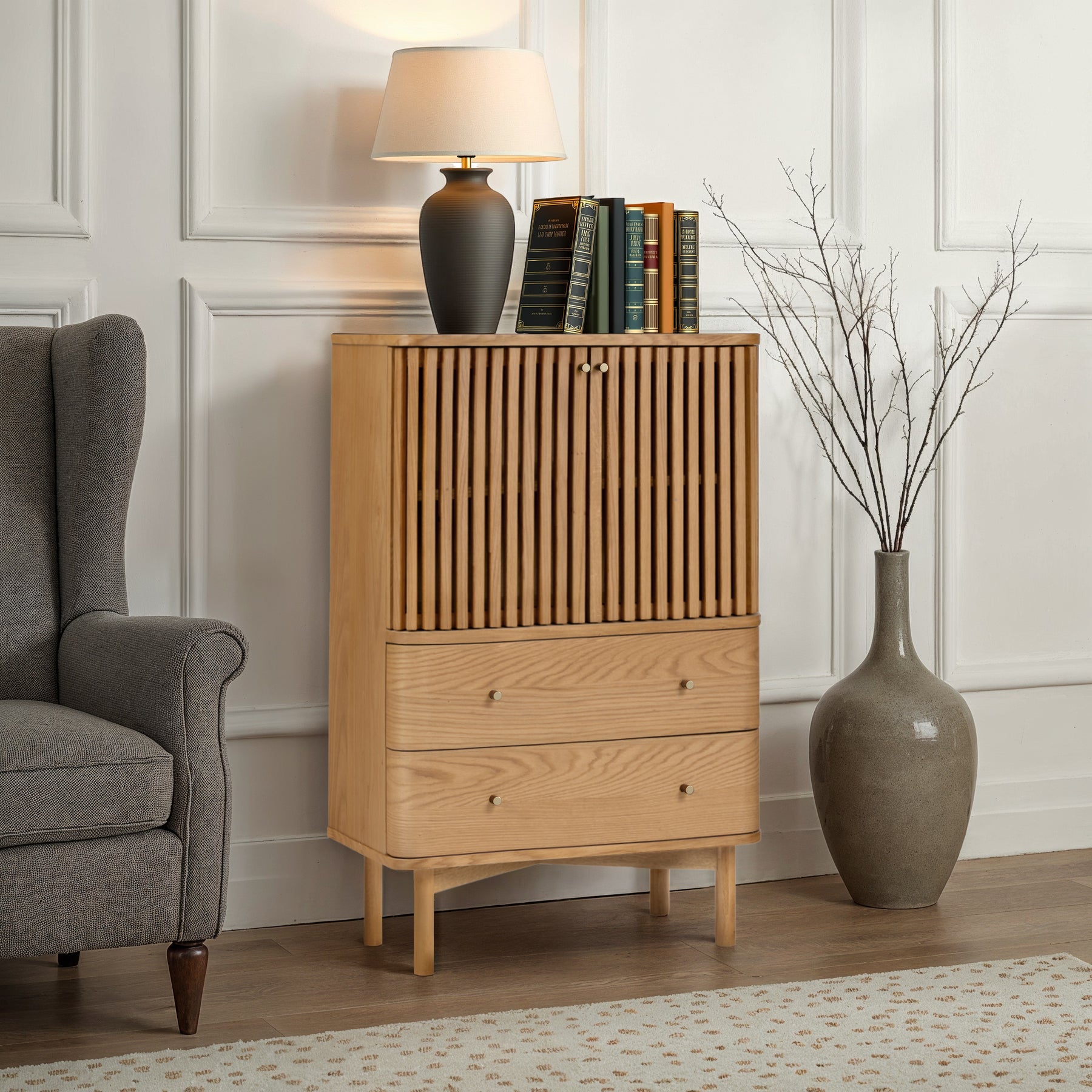 Shorwell Oak Slatted 2 Drawer 2 Door Cabinet from Roseland Furniture