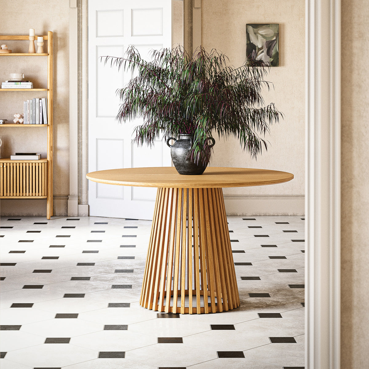 Shorwell Oak 120cm Slatted Round Dining Table from Roseland Furniture