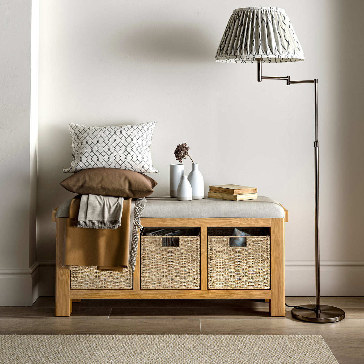Illustration of Simple Minimalist Bench With Basket Storage
