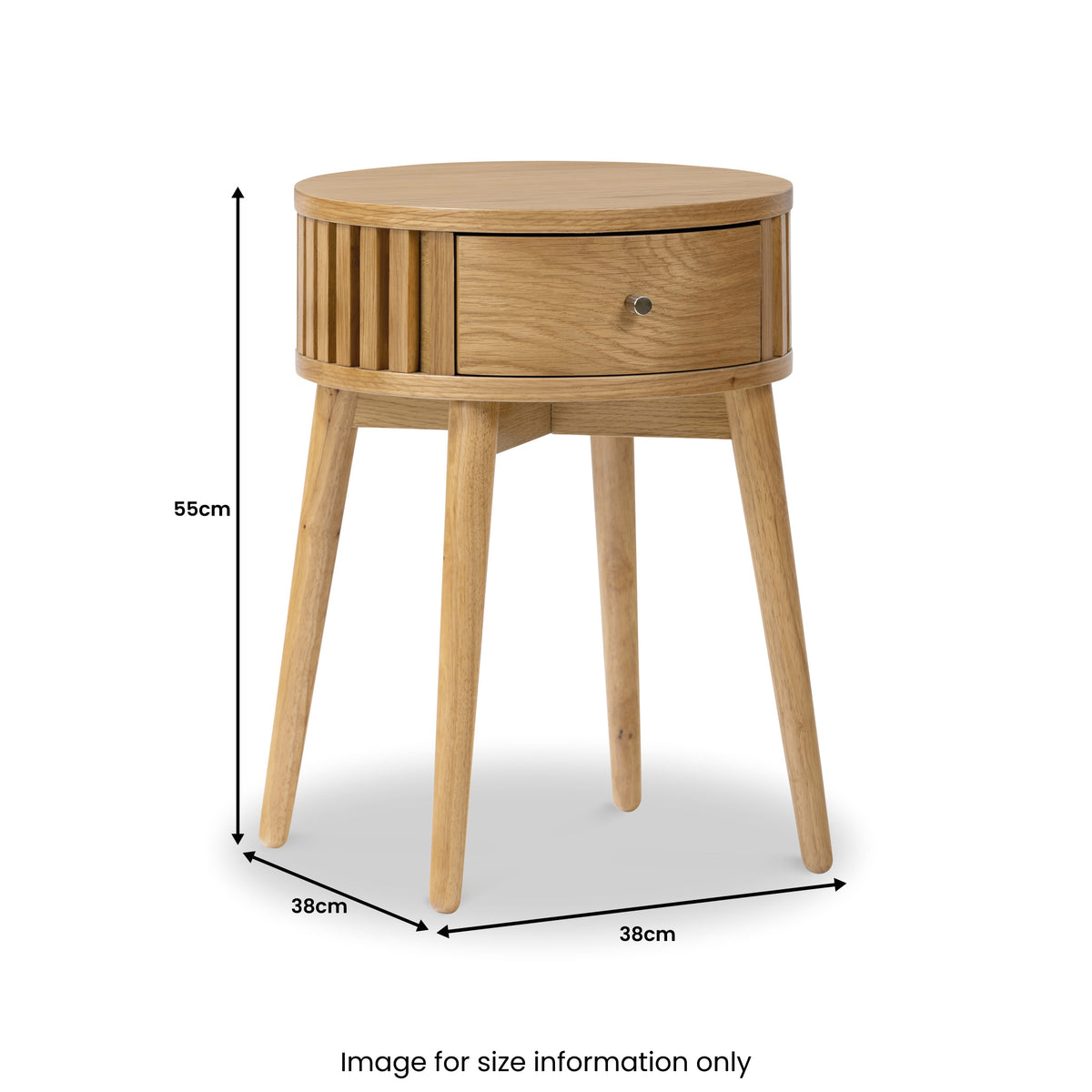 Shorwell Oak Slatted Round 1 Drawer Side Table dimensions