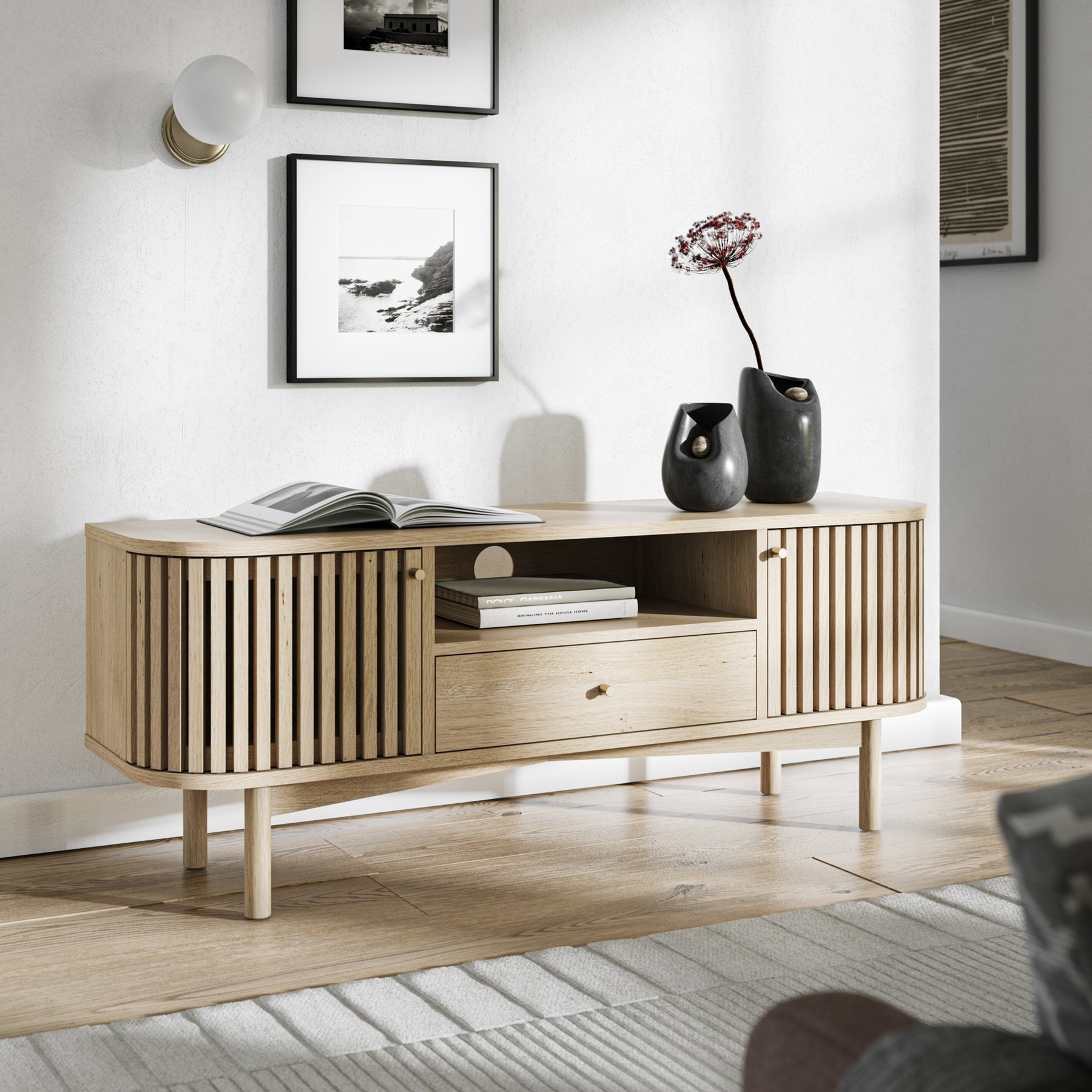 Finch Oak Slatted Wide TV Unit from Roseland Furniture