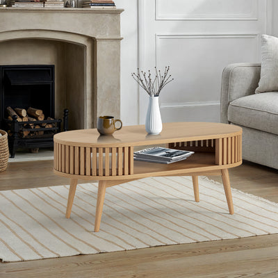 Shorwell Oak Slatted Open Shelf Oval Coffee Table